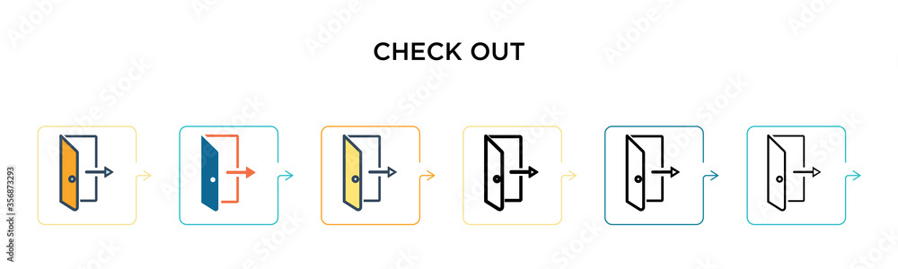 Poster check out vector icon in 6 different modern styles. black, two colored check out icons designed in f