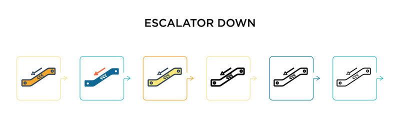 Escalator down vector icon in 6 different modern styles. Black, two colored escalator down icons designed in filled, outline, line and stroke style. Vector illustration can be used for web, mobile, ui