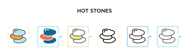 Hot stones vector icon in 6 different modern styles. Black, two colored hot stones icons designed in filled, outline, line and stroke style. Vector illustration can be used for web, mobile, ui