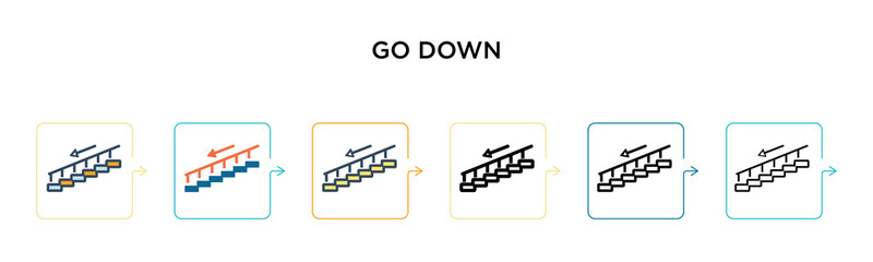 Go down vector icon in 6 different modern styles. Black, two colored go down icons designed in filled, outline, line and stroke style. Vector illustration can be used for web, mobile, ui