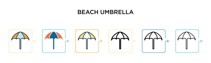 Beach umbrella vector icon in 6 different modern styles. Black, two colored beach umbrella icons designed in filled, outline, line and stroke style. Vector illustration can be used for web, mobile, ui