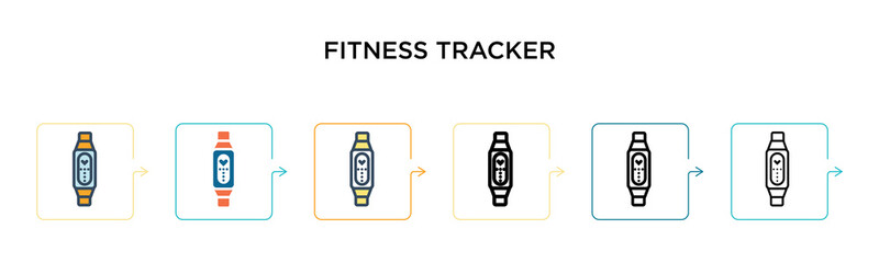 Fitness tracker vector icon in 6 different modern styles. Black, two colored fitness tracker icons designed in filled, outline, line and stroke style. Vector illustration can be used for web, mobile,