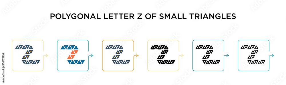 Poster polygonal letter z of small triangles vector icon in 6 different modern styles. black, two colored p