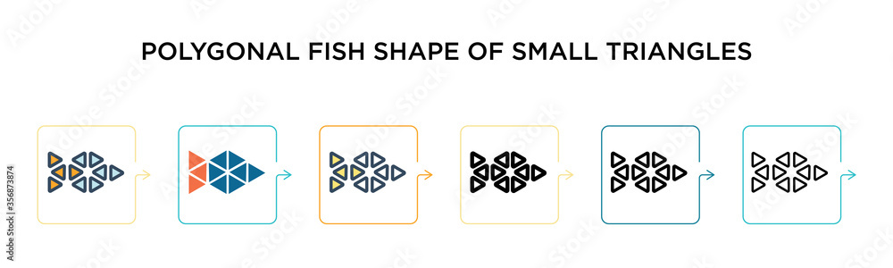 Poster polygonal fish shape of small triangles vector icon in 6 different modern styles. black, two colored