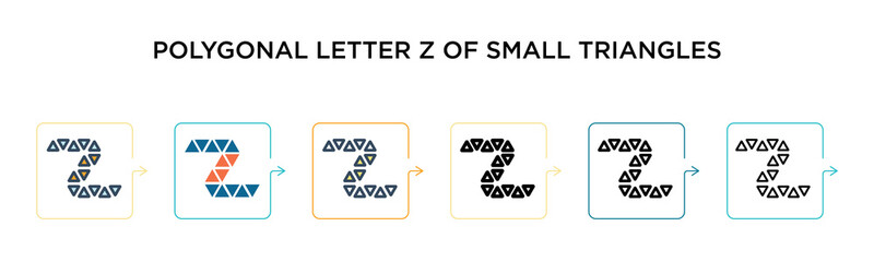 Polygonal letter z of small triangles vector icon in 6 different modern styles. Black, two colored polygonal letter z of small triangles icons designed in filled, outline, line and stroke style.