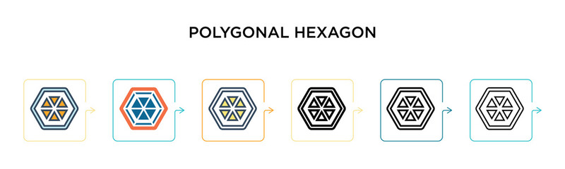 Polygonal hexagon vector icon in 6 different modern styles. Black, two colored polygonal hexagon icons designed in filled, outline, line and stroke style. Vector illustration can be used for web,