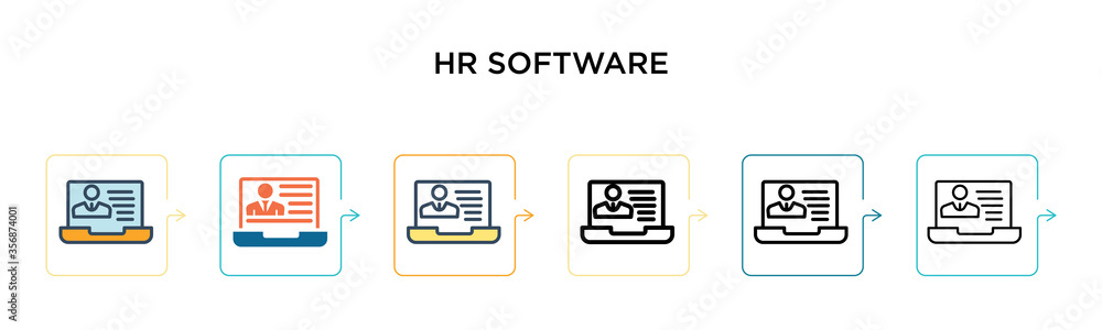 Poster hr software vector icon in 6 different modern styles. black, two colored hr software icons designed 