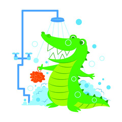 Cartoon illustration of alligator in the shower. Cheerful Crocodile in the bathroom, takes a shower with pleasure. Happy heaithy life style. Good rules of  hygience for children.