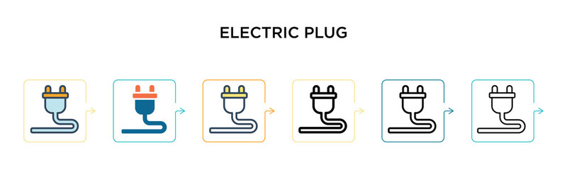 Electric plug vector icon in 6 different modern styles. Black, two colored electric plug icons designed in filled, outline, line and stroke style. Vector illustration can be used for web, mobile, ui
