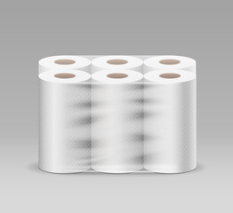 Plastic long roll toilet paper one package six roll, design on gray background, vector illustration