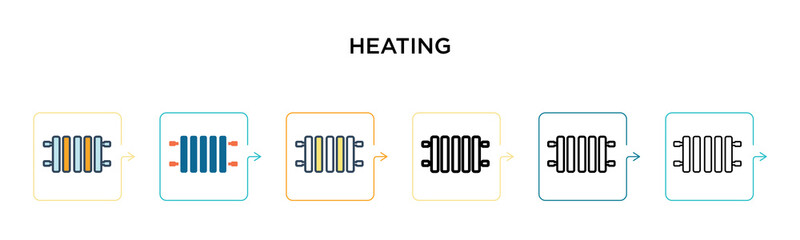 Heating vector icon in 6 different modern styles. Black, two colored heating icons designed in filled, outline, line and stroke style. Vector illustration can be used for web, mobile, ui