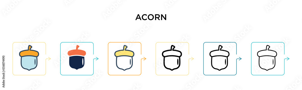Poster acorn vector icon in 6 different modern styles. black, two colored acorn icons designed in filled, o