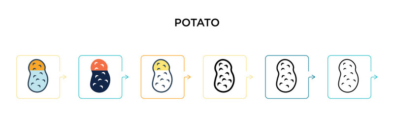 Potato vector icon in 6 different modern styles. Black, two colored potato icons designed in filled, outline, line and stroke style. Vector illustration can be used for web, mobile, ui