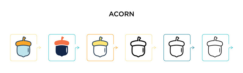 Acorn vector icon in 6 different modern styles. Black, two colored acorn icons designed in filled, outline, line and stroke style. Vector illustration can be used for web, mobile, ui