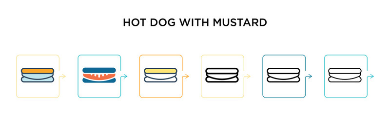 Hot dog with mustard vector icon in 6 different modern styles. Black, two colored hot dog with mustard icons designed in filled, outline, line and stroke style. Vector illustration can be used for