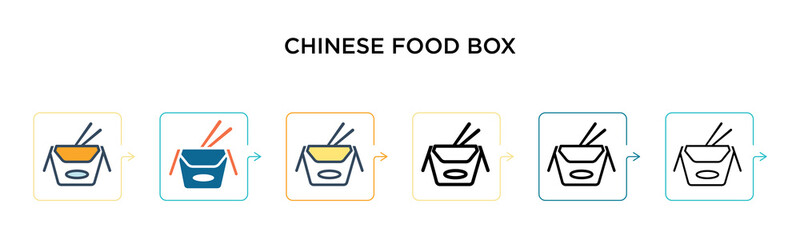 Chinese food box vector icon in 6 different modern styles. Black, two colored chinese food box icons designed in filled, outline, line and stroke style. Vector illustration can be used for web,