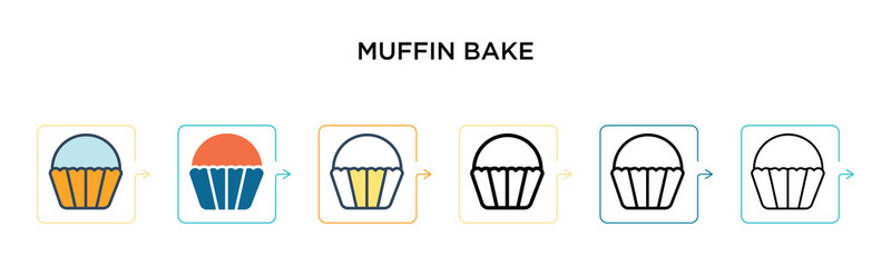 Muffin bake vector icon in 6 different modern styles. Black, two colored muffin bake icons designed in filled, outline, line and stroke style. Vector illustration can be used for web, mobile, ui
