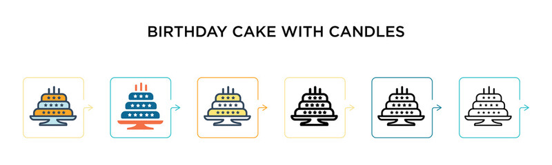 Birthday cake with candles vector icon in 6 different modern styles. Black, two colored birthday cake with candles icons designed in filled, outline, line and stroke style. Vector illustration can be