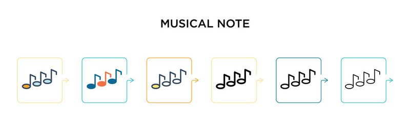 Musical note vector icon in 6 different modern styles. Black, two colored musical note icons designed in filled, outline, line and stroke style. Vector illustration can be used for web, mobile, ui