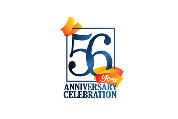 56 Year Anniversary Blue Color with Block Frame and Orange Yellow Ribbon - Vector