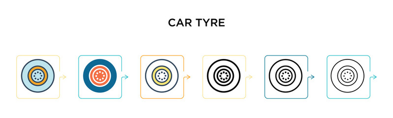 Car tyre vector icon in 6 different modern styles. Black, two colored car tyre icons designed in filled, outline, line and stroke style. Vector illustration can be used for web, mobile, ui