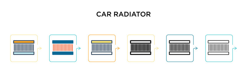 Car radiator vector icon in 6 different modern styles. Black, two colored car radiator icons designed in filled, outline, line and stroke style. Vector illustration can be used for web, mobile, ui
