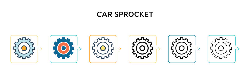 Car sprocket vector icon in 6 different modern styles. Black, two colored car sprocket icons designed in filled, outline, line and stroke style. Vector illustration can be used for web, mobile, ui