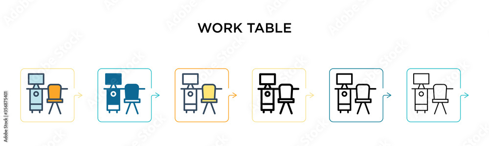 Poster work table vector icon in 6 different modern styles. black, two colored work table icons designed in