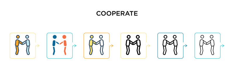 Cooperate vector icon in 6 different modern styles. Black, two colored cooperate icons designed in filled, outline, line and stroke style. Vector illustration can be used for web, mobile, ui