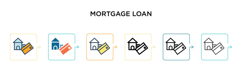 Mortgage loan vector icon in 6 different modern styles. Black, two colored mortgage loan icons designed in filled, outline, line and stroke style. Vector illustration can be used for web, mobile, ui