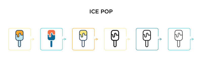 Ice pop vector icon in 6 different modern styles. Black, two colored ice pop icons designed in filled, outline, line and stroke style. Vector illustration can be used for web, mobile, ui