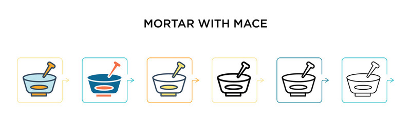 Mortar with mace vector icon in 6 different modern styles. Black, two colored mortar with mace icons designed in filled, outline, line and stroke style. Vector illustration can be used for web,