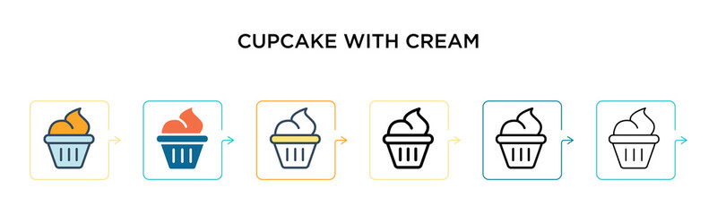 Cupcake with cream vector icon in 6 different modern styles. Black, two colored cupcake with cream icons designed in filled, outline, line and stroke style. Vector illustration can be used for web,