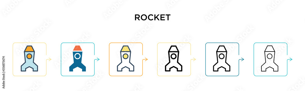 Poster rocket vector icon in 6 different modern styles. black, two colored rocket icons designed in filled,