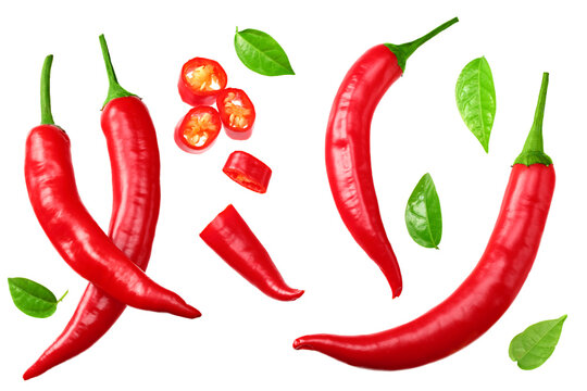 sliced red hot chili peppers isolated on white background top view