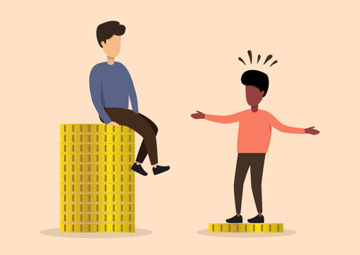 Inequality and injustice, unequality of black and white people concept. Racism, discrimination in business. Inequality in wages and salary. white man sitting on stack of coins over a black man on coin