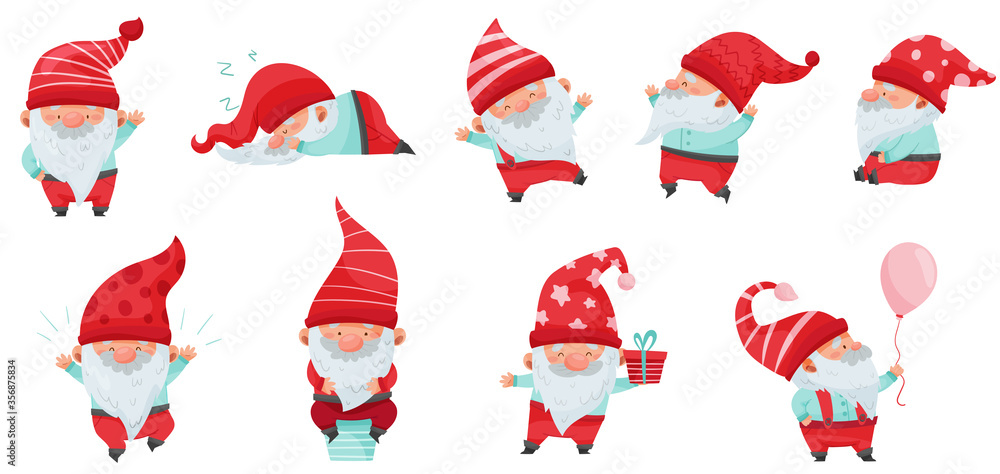 Sticker fantastic gnome character with white beard and red pointed hat vector illustration set