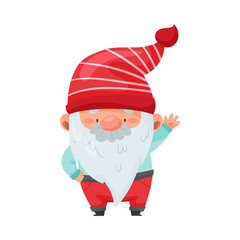 Gnome Character with White Beard and Red Pointed Hat Waving Hand Vector Illustration