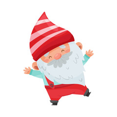 Gnome Character with White Beard and Red Pointed Hat Standing Vector Illustration