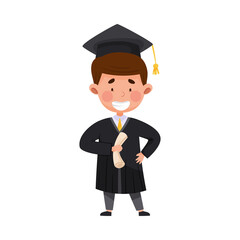 Smiling Boy Character in Academic Gown and Square Cap Cheering About Graduation Ceremony Vector Illustration