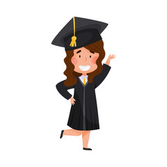 Smiling Girl Character in Academic Gown and Square Cap Delighted with Graduation Ceremony Vector Illustration