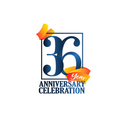36 Year Anniversary Blue Color with Block Frame and Orange Yellow Ribbon - Vector