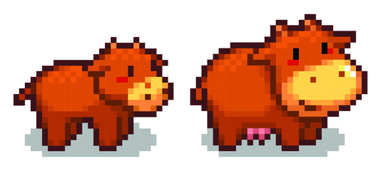 Cow pixel art on white background.