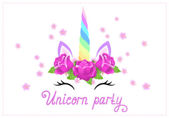 Fabulous cute unicorn with rose flowers wreath on white background with handwritten invitation text "Unicorn party"