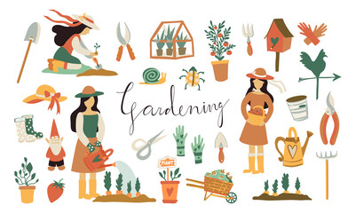 Summer gardening. Set of vector flat hand drawn illustrations of a girl performing garden work - watering, planting, growing and transplanting seedlings. Garden tools, lettering Gardening © Leria Kaleria