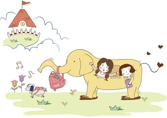 girls going to school on elephant