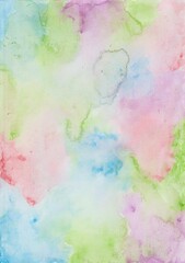 Colorful watercolor wash background with splashes of blue, green, purple and red