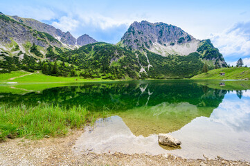 Beautiful landscape scenery of the Gaisalpsee and Rubihorn Mountain at Oberstdorf, Reflection in...