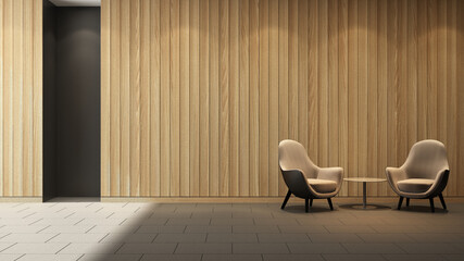 Modern vertical wooden plank wall living room with two armchairs and coffee table - 3D rendering