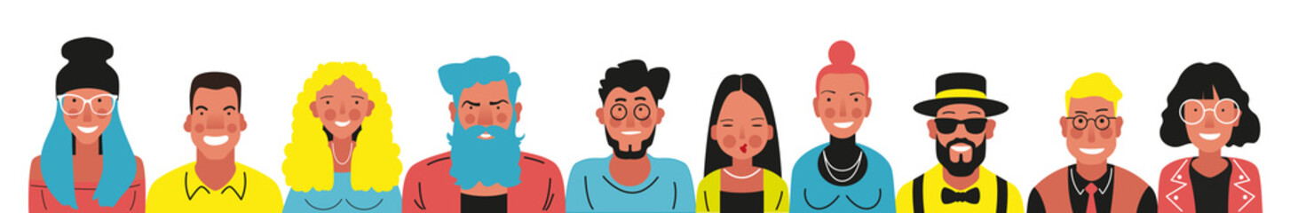 Bright person portrait. Avatars set. Hand drawn flat style. Illustration of male and female faces and shoulders. Vector people icons.